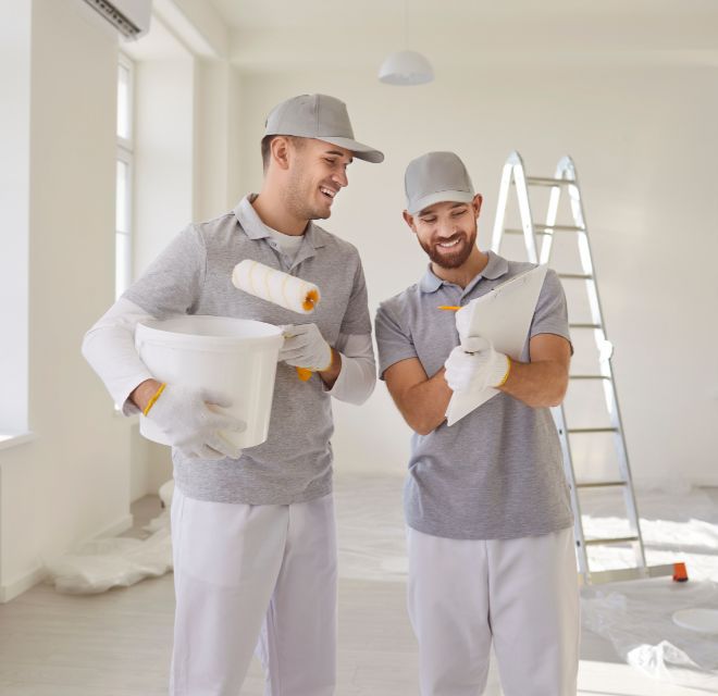 Professional painters working on house exterior